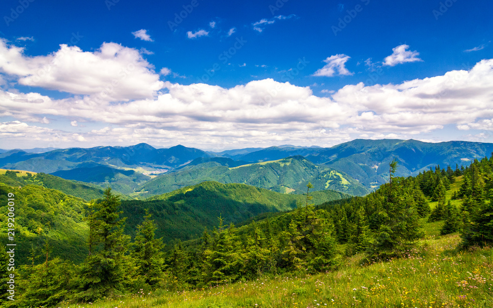 Spring landscape with grassy meadows and the mountain peaks, blue sky with clouds in the background. The Donovaly area in Velka Fatra National Park, Slovakia, Europe. Spring landscape with grassy meadows and the mountain peaks, blue sky with clouds in the background. The Donovaly area in Velka Fatra National Park, Slovakia, Europe.