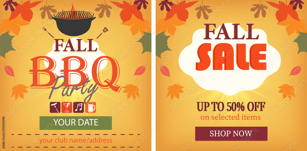 Autumn events business background layout set of templates with leaves for shopping sale or promo poster and frame leaflet or web banner. Vector Illustration template. Events poster template. EPS 10