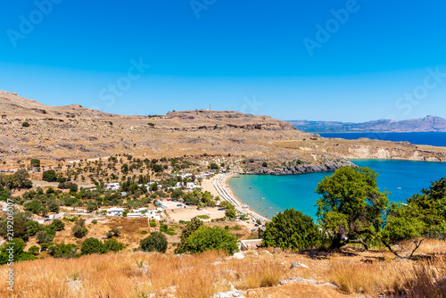 View of beach and Bay of Lindos on Rhodes island, Greece
