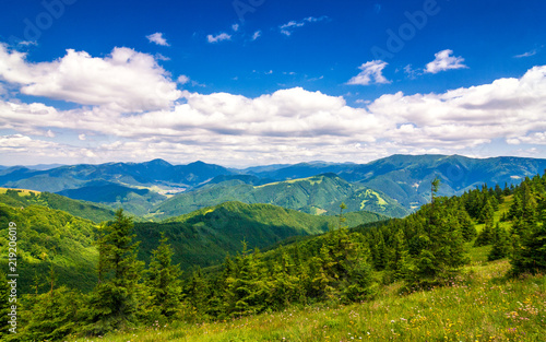 Spring landscape with grassy meadows and the mountain peaks, blue sky with clouds in the background. The Donovaly area in Velka Fatra National Park, Slovakia, Europe.