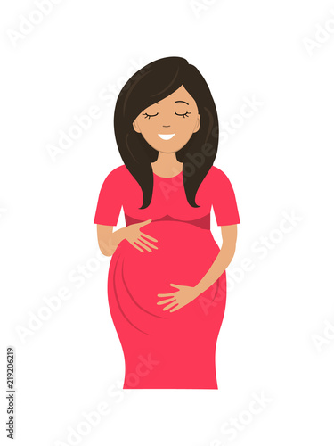 Cute pregnant woman in red dress isolated on a white background. A smiling woman holds her hands on her stomach. Vector illustration in cartoon style