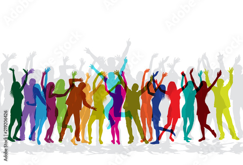 Colorful silhouettes of people celebrating and dancing on party.