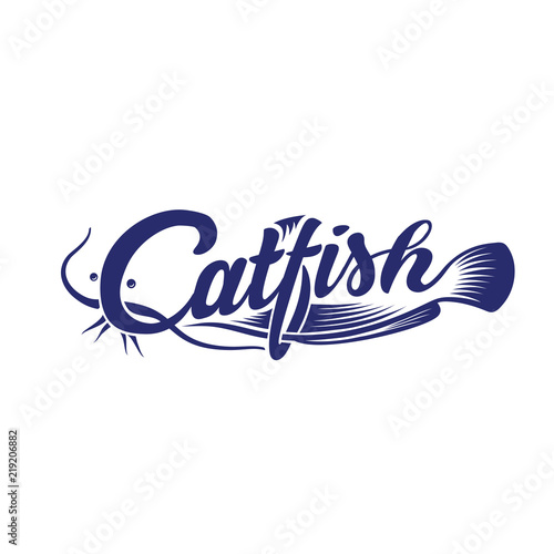 Catfish logo. Black and white lettering design. Decorative inscription. cat fish vector illustration.
