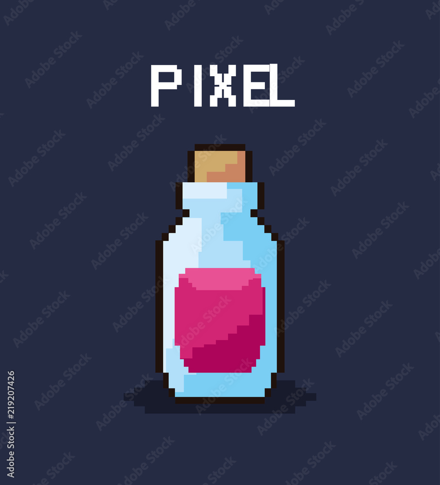 Obraz premium pixelated potion bottle icon over black background, vector illustration