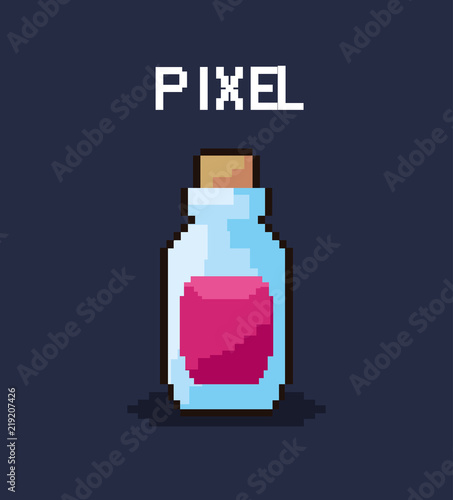 pixelated potion bottle icon over black background, vector illustration