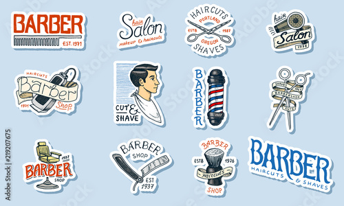 Set of barbershop logo. Tools for man icon. Haircut of beard and mustache. Brush and razor for shaving. Engraved hand drawn in old vintage sketch. Modern Lettering. badge and label.
