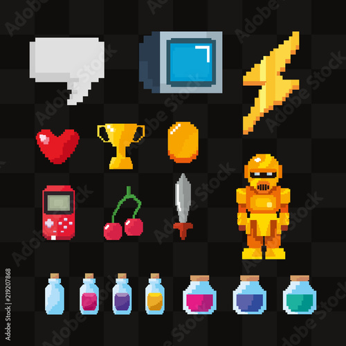videogame pixelated robot and icon set over black background, colorful design. vector illustration