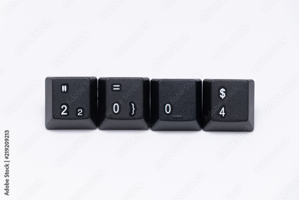 Black keys of keyboard with different years, words, names