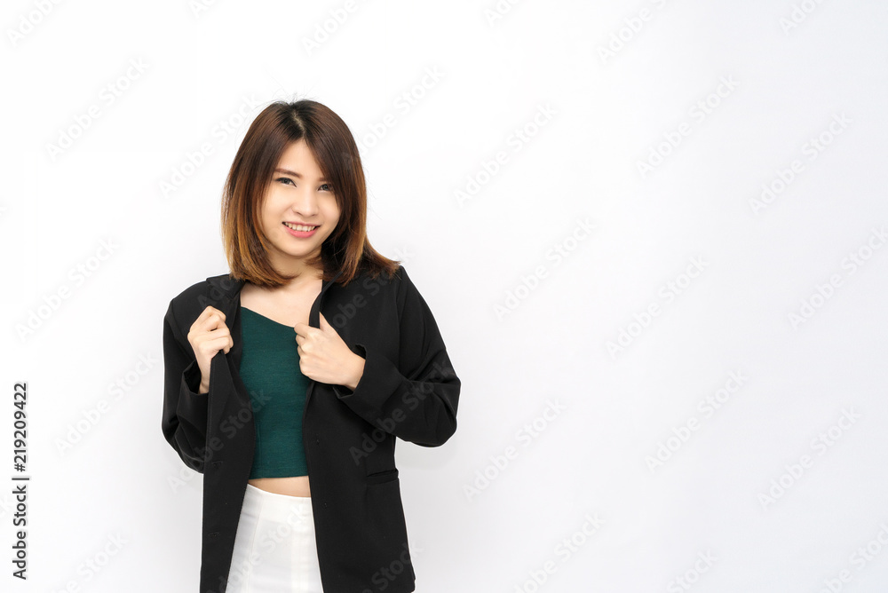 Happy young businesswoman looking at camera isolated on white background. Happy young businesswoman looking at camera isolated on white background.