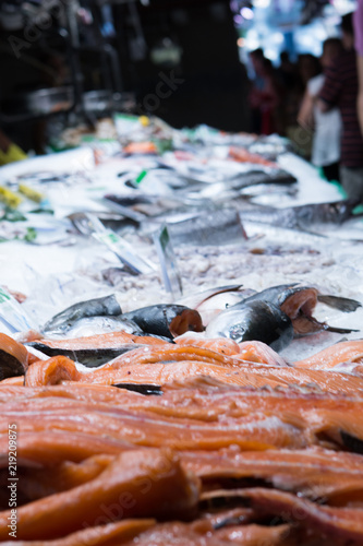 Fish sale in market. Sea bream fish on ice.