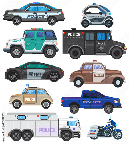 Police car vector policy vehicle and motorbike or motorcycle of policeman illustration set of police-officers transport and police-service auto van or truck isolated on white background