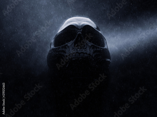 Dark black death skull in rain