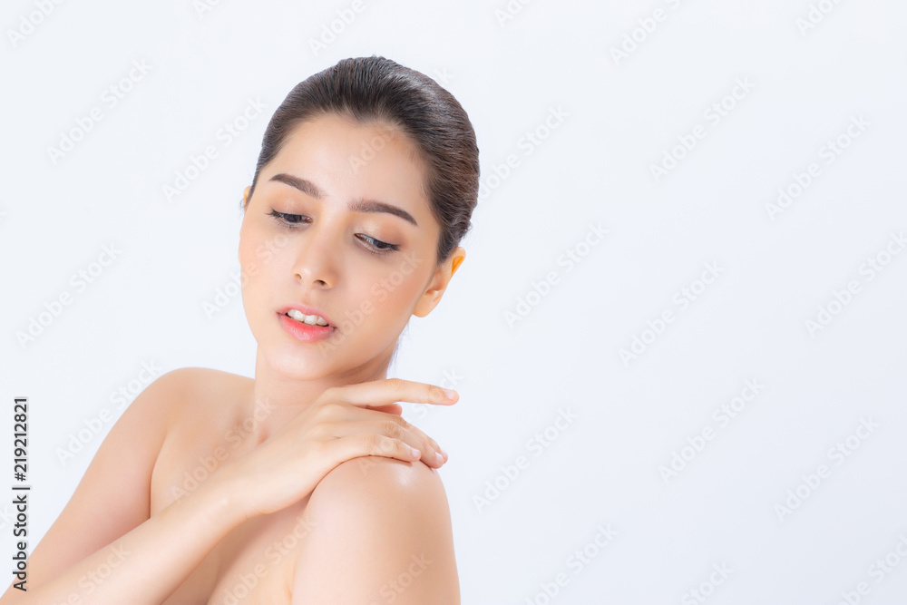 Portrait of beautiful asian woman makeup of cosmetic, girl touch shoulder and smile attractive, face of beauty perfect with wellness isolated on white background with skin healthcare concept. Portrait of beautiful asian woman makeup of cosmetic, girl touch shoulder and smile attractive, face of beauty perfect with wellness isolated on white background with skin healthcare concept.
