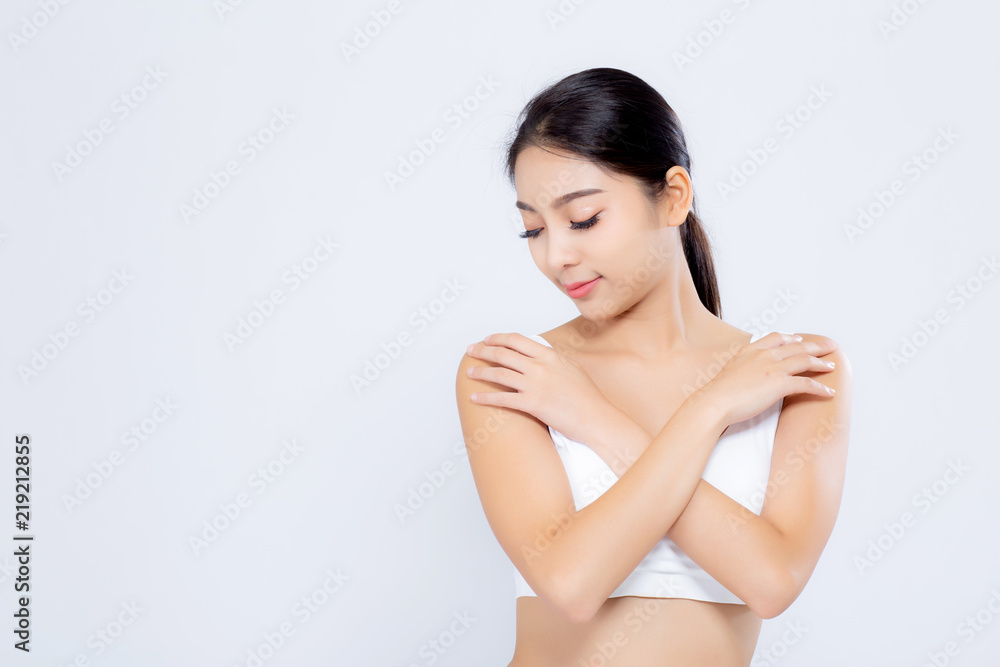 Portrait young asian woman smiling beautiful body diet with fit isolated on white background, model girl weight slim with cellulite or calories, health and wellness concept. Portrait young asian woman smiling beautiful body diet with fit isolated on white background, model girl weight slim with cellulite or calories, health and wellness concept.