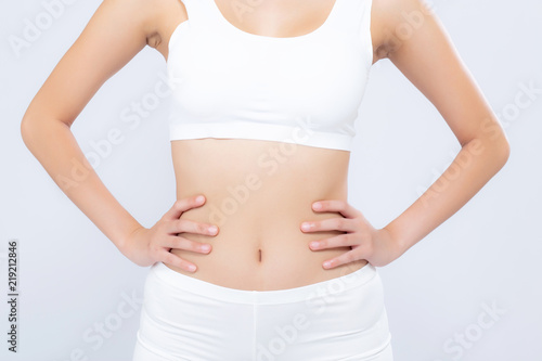 Closeup asian woman beautiful body diet with fit isolated on white background, model girl weight slim with cellulite or calories, health and wellness concept. © N_studio