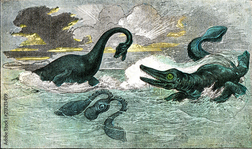 The plesiosaur and ichthyosaur of the period of the Lias, vintage engraving. photo