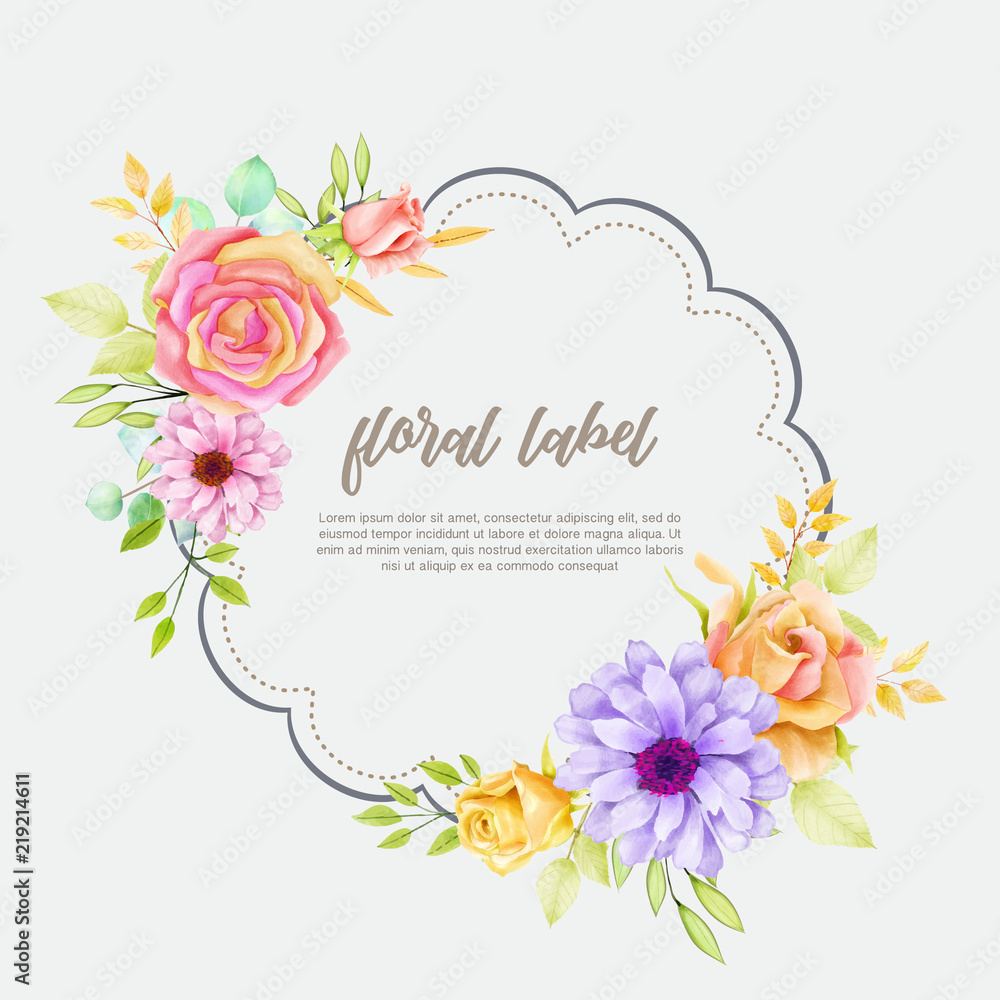 Card template with watercolor flowers of pink rose