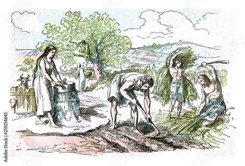 Εκτύπωση καμβά Agricultural work in the Iron Age, vintage engraving.