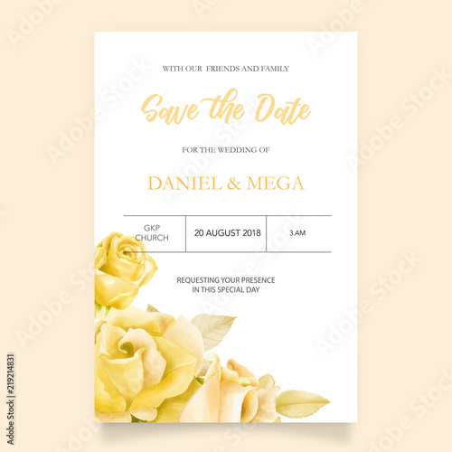 Card template with watercolor flowers of gold rose