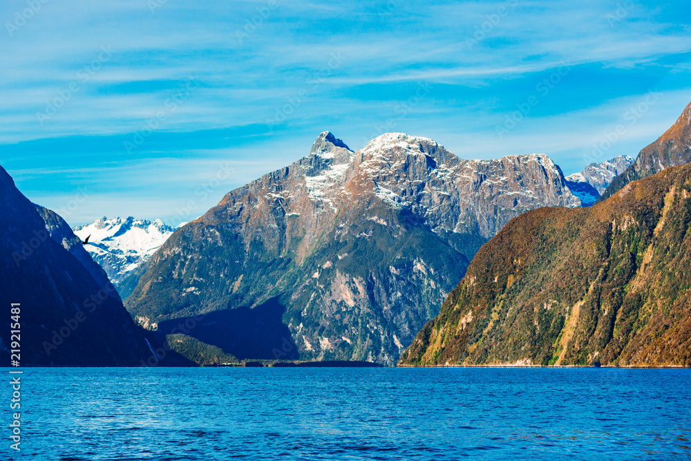 Snow capped mountains in Milford Sound, Fiordland, New Zealand