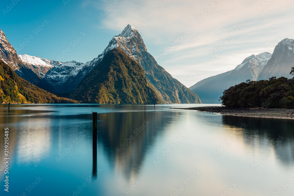 Early sunrise of Mitre Peak in Milford Sound, New Zealand