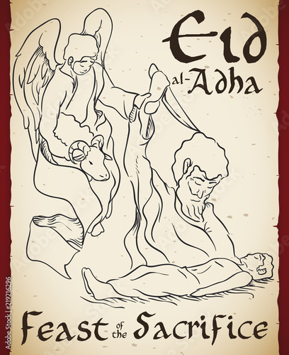 Scroll with Representation of the Sacrifice of Ishmael by Abraham, Vector Illustration
