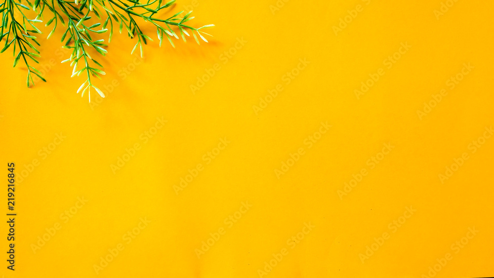 leaves copyspace on yellow background organic concept