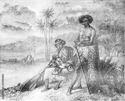 Φωτογραφία Tahitian family, vintage engraving.
