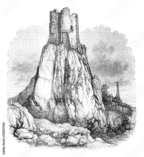 Ruins of the castle of La Rouquette, vintage engraving. photo