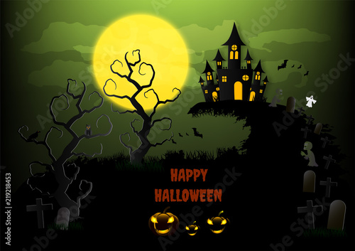 Halloween background with pumpkin and full moon. Vector illustration