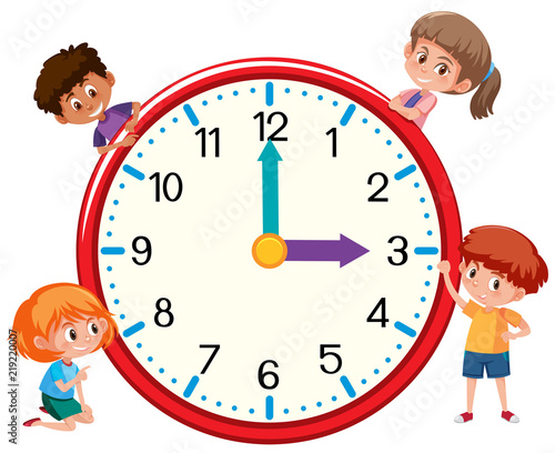 Children and clock on white bankground