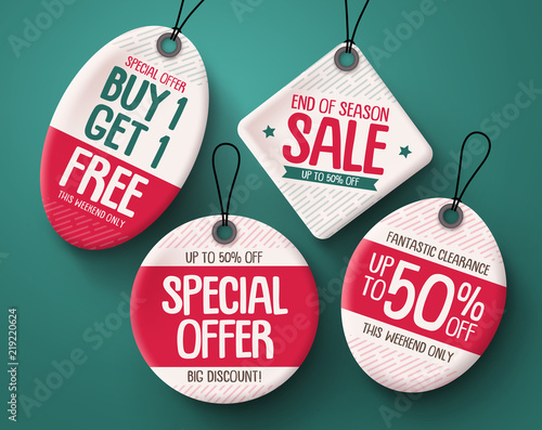 Sale tag vector set. Paper price tags template with sale and discount text in red color for end of season store retail promotions. Vector illustration.
