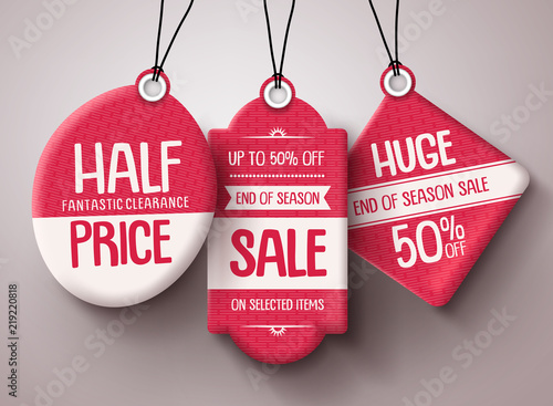 Sale tags vector set. Red paper price tags with huge sale and discount text in different shapes hanging for end of season retail promotion. Vector illustration.
