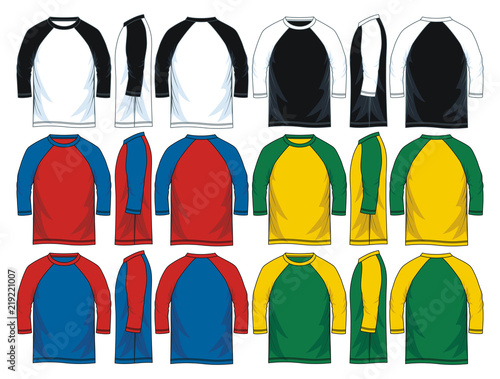 Colorful three quarter raglan sleeve shirts template. front look side and back