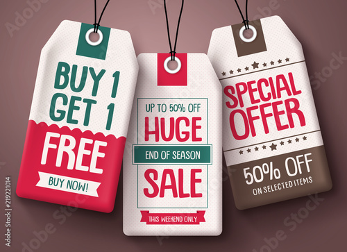 Sale tags vector set with patterns. Paper price tags in white with special offer sale and discount text hanging for end of season marketing promotion. Vector illustration.
