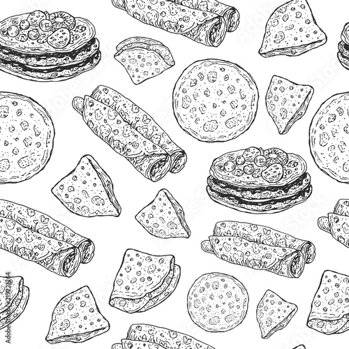 Pancakes - monochrome graphic sketch seamless pattern. Doodle cartoon ornament for shrovetide holiday. Vector illustration