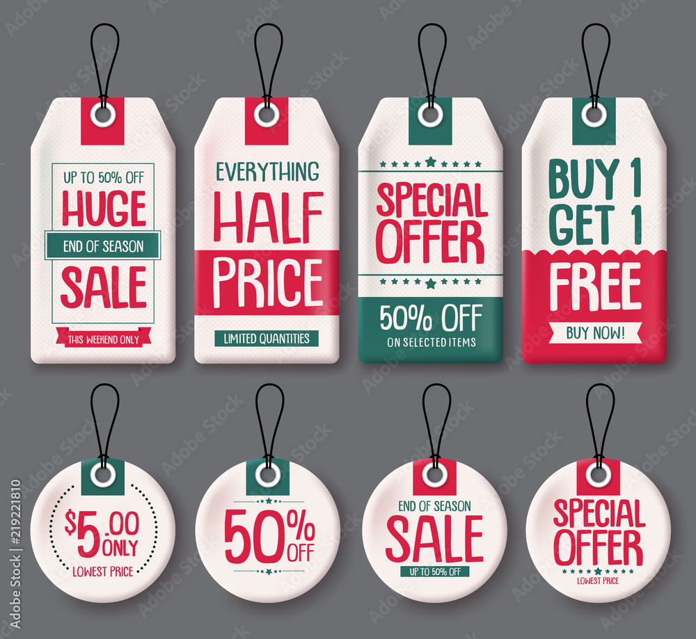 Price tags template vector set. White paper sale tags with huge sale and discount text in different shapes for end of season store promotion. Vector illustration.
