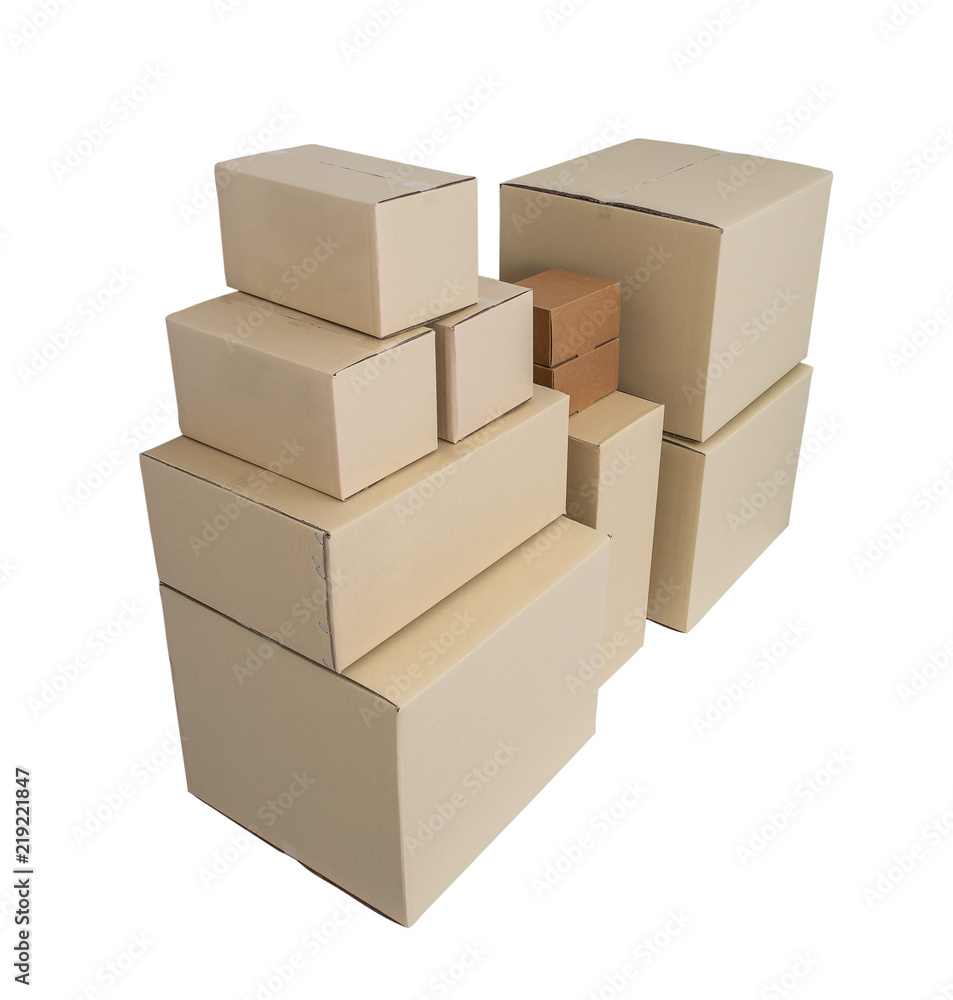 Cardboard Boxes in different sizes stacked boxes isolated on white backgrouns Cardboard Boxes in different sizes stacked boxes isolated on white backgrouns