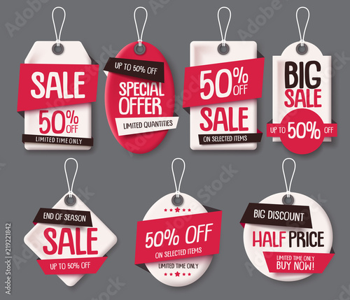 Sale tags paper cut template vector set. Price tags label with sale and discount text in different shapes for end of season store promotion. Vector illustration.
