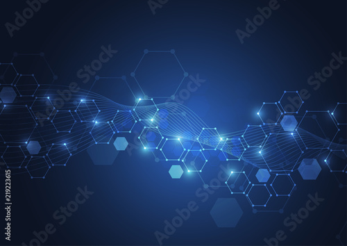 Abstract hexagonal molecular structures in technology background and science style. Medical design. Vector illustration photo