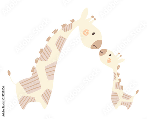 Giraffe mom and baby cute print. Sweet animal family.