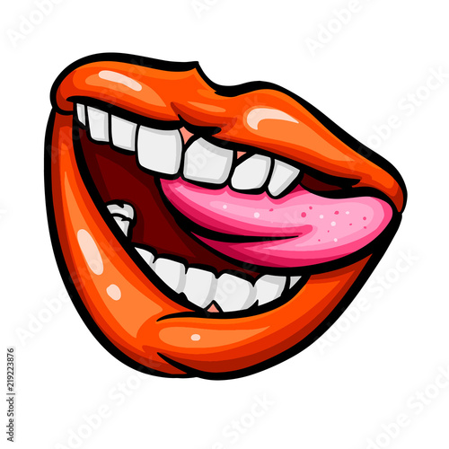 Female mouth with tongue licked his upper lip