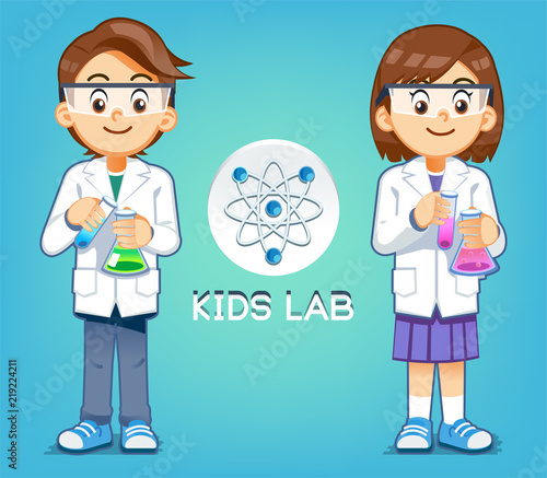 Kid test experiments science in lab. Fun Chemistry class for student.