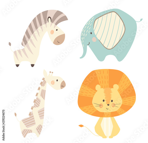 Lion giraffe, zebra, elephant baby cute print set. Sweet zoo animal.