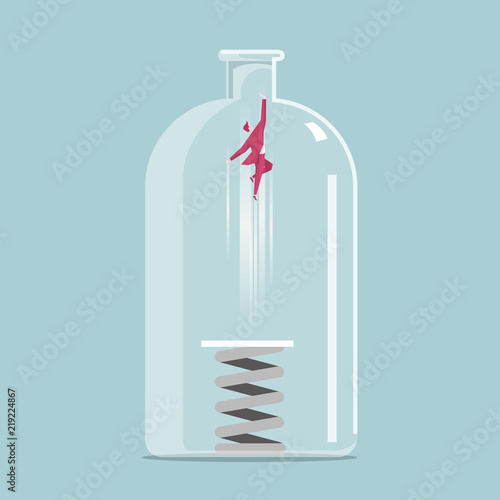 Businessman high jump with springboard. Escape the trapped bottle.Concept business vector illustration.	