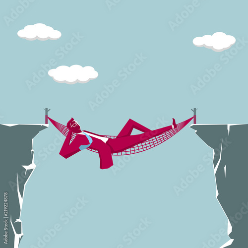 Business design concept. Businessman lying in a hammock on the edge of a cliff.