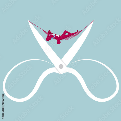 Business design concept.Businessman lying in a hammock on the scissors.