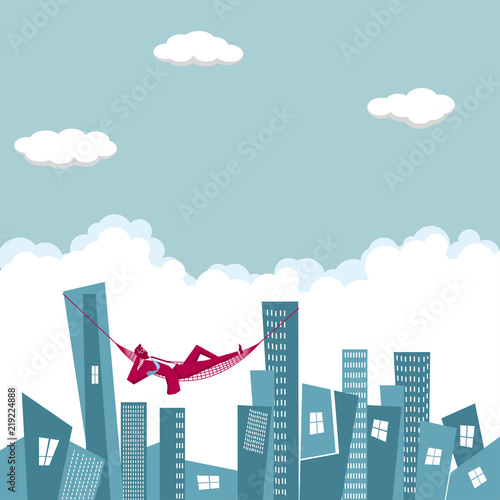 Business design concept.Businessman lying in a hammock on the city.