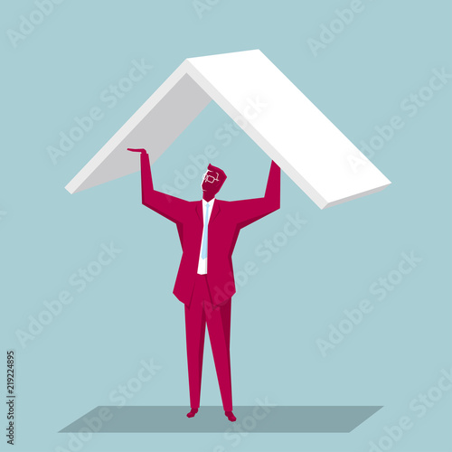 The businessman raised the roof. The background is blue.