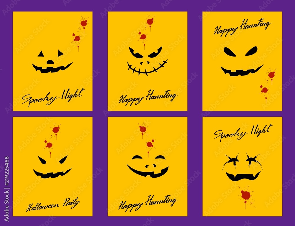 Illustration Set of Happy Jack-o-Lantern Pumpkins or Devil Faces on Yellow Label For Halloween Celebration Party.